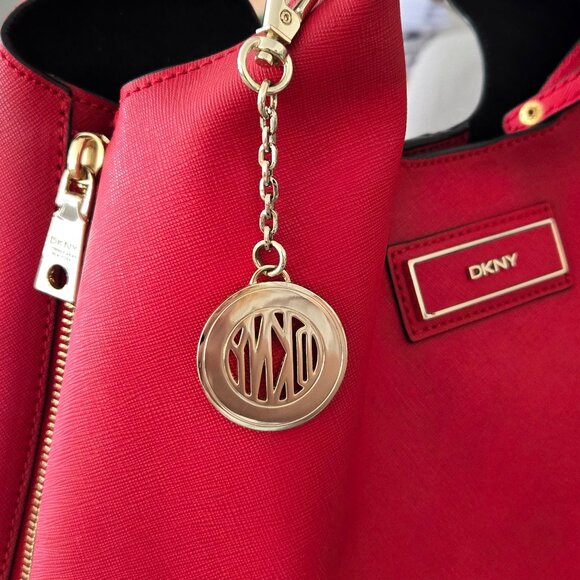 DKNY Red Genuine Leather Zip Side Tote Bag with Pouch Black Interior Gold Logo - Picture 8 of 17